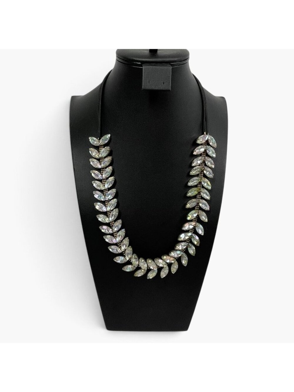 Rhinestone Leaf Design Adjustable Necklace Iridescent Crystals On Black Cord